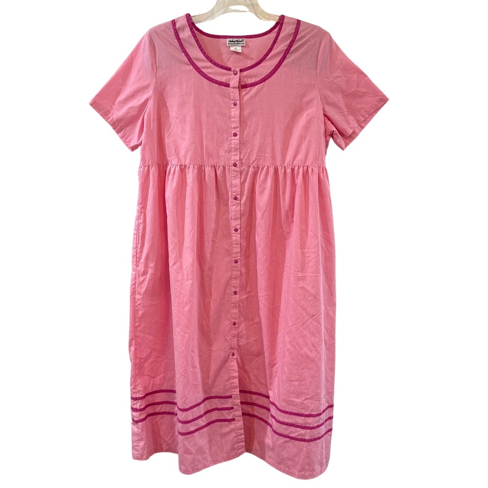 Y2K Pink Button Front Muumuu Dress Empire Waist Pockets Granny Core Plus Size 3X